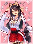 ^_^ ^o^ animal_ears bare_shoulders black_hair check_translation closed_eyes collarbone commentary_request detached_sleeves dog_ears dog_tail hairband haruna_(kantai_collection) highres japanese_clothes kantai_collection kemonomimi_mode long_hair nontraditional_miko open_mouth paw_print pleated_skirt red_skirt ribbon-trimmed_sleeves ribbon_trim sarashi skirt smile solo tail translation_request tsukui_kachou wide_sleeves 