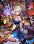  blue_kimono branch breasts bug butterfly cleavage cup emperors_saga fingernails flower hair_between_eyes hair_flower hair_ornament hands_up highres holding holding_pipe insect japanese_clothes kimono kiseru lantern large_breasts liduke long_hair looking_at_viewer obi off_shoulder official_art oriental_umbrella pipe purple_flower red_eyes ribbon rose sakazuki sash silver_hair sitting smoke solo spider_lily tied_hair umbrella watermark yellow_flower yellow_ribbon yellow_rose 