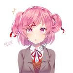  1girl :o artist_name bangs blazer blush breasts character_name collared_shirt commentary commission doki_doki_literature_club english_commentary greenpantsu grey_jacket hair_ornament hairclip jacket long_sleeves looking_at_viewer natsuki_(doki_doki_literature_club) open_mouth orange_sweater pink_eyes pink_hair red_neckwear red_ribbon ribbon romaji school_uniform shirt short_hair simple_background small_breasts solo sweater two_side_up upper_body watermark white_background white_shirt x_hair_ornament 