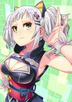  armpits breasts cleavage cleavage_cutout closed_mouth commentary_request green_background green_eyes hair_ornament hairclip hand_on_hip highres kaguya_luna kaguya_luna_(character) medium_breasts obi sash short_hair silver_hair smile solo tsurukame_(doku) twintails virtual_youtuber 