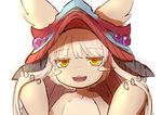  :3 :d animal_ears commentary_request ears_through_headwear eyebrows_visible_through_hair furry hands_up hat helmet highres horns long_hair looking_at_viewer made_in_abyss nanachi_(made_in_abyss) open_mouth paws ria_(efikrisia) silver_hair simple_background sketch smile solo upper_body upper_teeth white_background yellow_eyes 