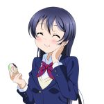  1girl bangs baozi blazer blue_hair blush bow bowtie closed_mouth commentary_request eating eyebrows_visible_through_hair eyes_closed food hair_between_eyes hand_on_own_cheek highres holding holding_food isami_don jacket long_hair long_sleeves love_live! love_live!_school_idol_project otonokizaka_school_uniform red_neckwear school_uniform simple_background smile solo sonoda_umi striped striped_neckwear white_background 