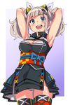  :d armpits arms_up bangs bare_shoulders black_dress blue_eyes blue_ribbon blush breasts cleavage cleavage_cutout cowboy_shot dress eyebrows_visible_through_hair eyelashes eyes_visible_through_hair hair_lift hair_ornament hairclip highres horizontal_stripes kaguya_luna kaguya_luna_(character) karahai_(31448823) long_hair looking_at_viewer medium_breasts multicolored multicolored_eyes obi open_mouth panties pantyshot pantyshot_(standing) purple_eyes red_legwear ribbon sash shiny shiny_skin short_dress sidelocks silver_hair sleeveless sleeveless_dress smile solo standing striped striped_ribbon tareme teeth thigh_gap thighhighs tongue turtleneck twintails underwear vertical_stripes virtual_youtuber white_panties white_ribbon wrist_ribbon wristband x_hair_ornament 