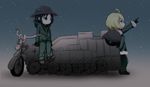  absurdres ahoge black_gloves black_hair blonde_hair blue_eyes blush boots brodie_helmet brown_footwear chito_(shoujo_shuumatsu_ryokou) closed_mouth commentary_request fur-trimmed_jacket fur_trim gloves green_jacket green_pants half-track helmet highres hood hood_down hooded_jacket idaten93 jacket kettenkrad long_hair looking_at_another looking_away low_twintails military military_jacket military_uniform multiple_girls open_mouth outstretched_arm pants pointing shoujo_shuumatsu_ryokou sitting sky stahlhelm standing star_(sky) starry_sky twintails uniform yuuri_(shoujo_shuumatsu_ryokou) 