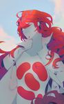  absurdres androgynous dohiso gem highres houseki_no_kuni long_hair looking_at_viewer open_clothes open_shirt padparadscha_(houseki_no_kuni) red_eyes red_hair shirt smile smirk solo upper_body 