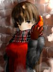  breasts brown_hair gloves headphones headphones_around_neck highres large_breasts original raru_(nanaharararu) ribbed_sweater scarf sketch solo sweater winter winter_clothes 