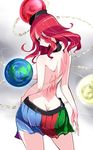  ass back breasts butt_crack earrings earth_(ornament) english from_behind grey_background hecatia_lapislazuli highres jewelry large_breasts long_hair looking_at_viewer miniskirt moon_(ornament) multicolored multicolored_clothes multicolored_skirt naked_skirt pointy_ears profile raptor7 red_eyes red_hair sketch skirt solo standing tattoo topless touhou 