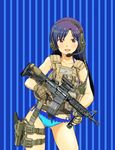  aimpoint ass_visible_through_thighs assault_rifle bangs bare_arms bikini blue_background blue_bikini blue_hair blue_ribbon blush brown_gloves bulletproof_vest collarbone contrapposto cowboy_shot ear_protection eyebrows_visible_through_hair frilled_bikini frills glock gloves gun handgun headset holding holding_gun holding_weapon holster idolmaster idolmaster_(classic) kisaragi_chihaya load_bearing_vest long_hair looking_at_viewer m4_carbine md5_mismatch mk_18_carbine nakamura_3sou parted_bangs pistol red_eyes ribbon rifle scope side-tie_bikini skindentation solo standing straight_hair striped striped_background swimsuit thigh_holster thigh_strap trigger_discipline vertical-striped_background vertical_foregrip vertical_stripes weapon weapon_request 