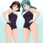  30-06 black_hair blue_background blue_eyes blue_hair breasts brown_eyes competition_school_swimsuit double_bun hairband hands_on_hips hat kantai_collection looking_at_viewer medium_breasts multiple_girls one-piece_swimsuit school_swimsuit short_hair small_breasts smile swimsuit tanikaze_(kantai_collection) two-tone_background urakaze_(kantai_collection) white_background white_hairband white_hat 