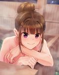  ahoge arm_support bangs bathing blunt_bangs blurry blush brown_hair closed_mouth collarbone depth_of_field eyebrows_visible_through_hair fence hair_bun highres idolmaster idolmaster_million_live! kamille_(vcx68) long_hair looking_at_viewer nail_polish night night_sky nude onsen partially_submerged pink_eyes pink_nails sky smile solo steam tareme upper_body water water_drop wet wood wooden_fence yokoyama_nao 