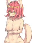  1girl artist_request breasts breasts_covering dog furry red_hair solo yellow_eyes 