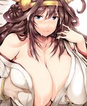  1girl ahoge blue_eyes blush breast_grab breasts brown_hair cleavage cum cum_on_body cum_on_upper_body double_bun facial grabbing hands_on_own_chest headdress hetero huge_breasts kantai_collection kongou_(kantai_collection) long_hair looking_at_viewer nontraditional_miko open_clothes tongue tongue_out tsukasawa_takamatsu wardrobe_malfunction 