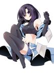  black_gloves black_hair black_legwear blue_footwear elbow_gloves gloves hand_up looking_at_viewer medium_hair midriff navel original purple_eyes shinsekai1205 shorts sitting solo thighhighs 