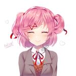  ^_^ artist_name bangs blazer blush breasts character_name closed_eyes collared_shirt commission doki_doki_literature_club facing_viewer fang greenpantsu grey_jacket hair_ornament hairclip heart jacket long_sleeves natsuki_(doki_doki_literature_club) open_mouth orange_sweater pink_hair red_neckwear red_ribbon ribbon romaji school_uniform shirt short_hair simple_background small_breasts smile solo sweater two_side_up upper_body watermark white_background white_shirt x_hair_ornament 