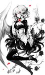  absurdres artist_name black_legwear black_neckwear bow braid breasts cleavage collarbone commentary dress eyebrows_visible_through_hair feathered_wings flower french_braid full_body hair_ornament high_heels highres kishin_sagume limited_palette long_sleeves looking_at_viewer medium_breasts monochrome red_eyes red_flower red_rose rose sheya shoe_bow shoes short_hair signature simple_background single_wing solo spot_color thighhighs touhou white_background wide_sleeves wings yin_yang zettai_ryouiki 
