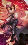  banner bare_shoulders blonde_hair breasts chain cleavage commentary_request elbow_gloves fate/grand_order fate_(series) flag floating_hair fur_trim gauntlets gloves greaves headpiece holding holding_weapon jeanne_d'arc_(alter)_(fate) jeanne_d'arc_(fate)_(all) large_breasts long_hair navel orange_eyes parted_lips slit_pupils smile smirk solo standing thighhighs weapon yaku_(ziroken) 