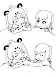  2koma ^_^ animal_ears closed_eyes comic crossed_arms elbow_gloves extra_ears eyebrows_visible_through_hair fingerless_gloves gloves greyscale jaguar_(kemono_friends) jaguar_ears jaguar_print kemono_friends looking_at_another mizu monochrome multiple_girls open_mouth otter_ears print_gloves short_hair silent_comic sleeping small-clawed_otter_(kemono_friends) smile tongue tongue_grab tongue_out v-shaped_eyebrows |d 
