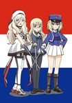  :d absurdres ascot bc_freedom_(emblem) beret black_legwear blonde_hair blue_eyes boots brown_eyes commentary_request crossover dress emblem error flag_background france french_flag garter_straps girls_und_panzer girls_und_panzer_saishuushou glasses hat highres holding hoshino_banchou kantai_collection kepi light_brown_hair long_hair looking_at_viewer mole mole_under_eye multiple_crossover multiple_girls open_mouth oshida_(girls_und_panzer) pantyhose perrine_h_clostermann pleated_skirt rapier richelieu_(kantai_collection) scarf skirt smile strapless strapless_dress strike_witches sword trait_connection weapon world_witches_series 