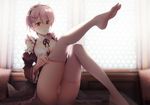  1girl cleavage feet looking_at_viewer maid no_shoes one_leg_raised panties parted_lips pink_eyes pink_hair ram_(re:zero) re:zero_kara_hajimeru_isekai_seikatsu sheer_legwear short_hair soles toes white_legwear 