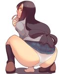  ass asui_tsuyu black_eyes black_hair boku_no_hero_academia bow_by_hair cameltoe commentary_request finger_to_mouth full_body hair_rings loafers long_hair long_tongue looking_back low-tied_long_hair niko_(toitoi210) panties shoes simple_background skirt skirt_lift socks solo squatting tongue tongue_out underwear white_background white_panties 