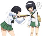  a1 aiming bag black_hair black_neckwear brown_eyes chikubi_drill_su_na commentary_request cowboy_shot girls_und_panzer green_skirt long_hair multiple_girls neckerchief ooarai_school_uniform parody pleated_skirt reizei_mako sailor_collar school_bag school_uniform serafuku simple_background skirt sono_midoriko standing tank_shell translated white_background white_sailor_collar 