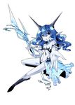 bare_shoulders black_legwear blue_eyes blue_hair flat_chest full_body grey_skin holding holding_weapon horns long_hair looking_at_viewer navel original outstretched_hand pointy_ears shinsekai1205 solo weapon 