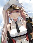  azur_lane bangs bare_shoulders black_jacket blazer breasts cloud cloudy_sky commentary day enterprise_(azur_lane) eyebrows_visible_through_hair hair_between_eyes hat jacket large_breasts long_hair long_sleeves looking_at_viewer necktie open_clothes open_jacket open_mouth peaked_cap purple_eyes shirt silver_hair sky solo standing tetsujin_momoko twintails white_shirt 