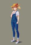  arm_at_side bad_id bad_pixiv_id bead_bracelet beads blue_eyes bow bracelet denim full_body grey_background hand_up hat hat_bow highres jewelry looking_at_viewer original overalls shoes short_twintails sirocco sneakers solo standing straw_hat twintails white_footwear 