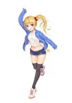  :d absurdres arm_up bad_id bad_pixiv_id black_legwear blonde_hair blue_jacket denim denim_shorts full_body groin highres jacket navel open_clothes open_jacket open_mouth original ponytail red_eyes running shoes short_shorts shorts sirocco smile sneakers solo thighhighs white_footwear 