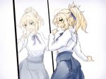  1girl artoria_pendragon_(all) blonde_hair blue_skirt blush braid cosplay fate/grand_order fate/stay_night fate_(series) french_braid green_eyes hair_ornament hair_ribbon karakure_(kamo-nanban) long_sleeves mirror mordred_(fate) mordred_(fate)_(all) ponytail ribbon saber saber_(cosplay) shirt skirt solo white_shirt 