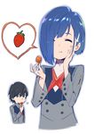  1girl bangs black_hair blue_hair blush closed_eyes commentary_request darling_in_the_franxx eating eyebrows_visible_through_hair food fruit green_eyes hair_over_one_eye hand_on_own_face heart hiro_(darling_in_the_franxx) holding holding_food holding_fruit ichigo_(darling_in_the_franxx) looking_at_viewer military military_uniform necktie object_namesake red_neckwear short_hair simple_background strawberry tanaka_masayoshi uniform white_background 