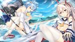  absurdres animal_ears ayanami_(azur_lane) azur_lane bandaid bird blonde_hair blue_hair blue_sailor_collar blue_skirt blue_sky chick choker cloud commentary_request day detached_sleeves fox_ears fox_tail fubuki_(azur_lane) highres long_hair looking_at_viewer machinery mr_lobster multiple_girls outdoors pleated_skirt ponytail red_eyes sailor_collar scarf short_hair single_thighhigh skirt sky smokestack tail thighhighs torpedo white_legwear white_scarf yellow_eyes 