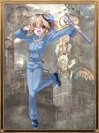  ;d black_footwear blue_bow blue_pants bow breast_pocket brown_eyes brown_hair clock gears hair_bow looking_at_viewer official_art one_eye_closed open_mouth pants pocket pose sanzenkai_no_avatar shinsekai1205 smile standing standing_on_one_leg tower wrench 