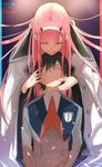  1girl bangs black_hair closed_eyes coat copyright_name couple darling_in_the_franxx eyebrows_visible_through_hair green_eyes hair_between_eyes hair_ornament hairband hands_on_another's_face highres hiro_(darling_in_the_franxx) horns hug hug_from_behind isshiki_(ffmania7) long_hair looking_at_another military military_uniform oni_horns open_clothes open_coat pink_hair red_horns red_neckwear school_emblem signature tongue tongue_out twitter_username uniform very_long_hair white_coat white_hairband zero_two_(darling_in_the_franxx) 