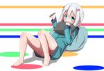  absurdres bangs barefoot blue_eyes blue_jacket blush bow closed_mouth commentary_request drawing_tablet eromanga_sensei eyebrows_visible_through_hair hair_between_eyes hair_bow highres holding holding_stylus idaten93 izumi_sagiri jacket long_hair long_sleeves pillow pink_bow reclining silver_hair solo stylus 