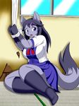  1girl artist_request black_hair boots dog furry long_hair open_mouth purple_eyes solo strapped 