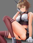  bangs black_panties black_skirt blush breasts brown_hair closed_mouth flipped_hair gloves green_eyes grey_background hand_in_hair headgear highres kantai_collection kneehighs large_breasts looking_at_viewer mutsu_(kantai_collection) nose_blush panties pleated_skirt red_legwear skirt solo striped striped_legwear testame thighs underwear white_gloves 