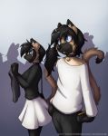  2017 anthro bell bell_collar biped black_hair black_nose blue_eyes breasts brother brown_fur brown_tail clothed clothing collar conditional_dnp digital_media_(artwork) dipstick_tail domestic_cat duo_focus felid feline felis female fur girly group hair hairclip hi_res holding_clothing jay_naylor long_hair mai_(jay_naylor) male mammal minh multicolored_fur multicolored_tail pants ponytail purse shirt short_hair siamese sibling silhouette sister skirt smile tan_fur twins two_tone_ears 
