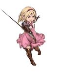  armor bangs blonde_hair boots brown_eyes brown_footwear commentary_request djeeta_(granblue_fantasy) dress fighter_(granblue_fantasy) flat_chest frilled_dress frills full_body gauntlets granblue_fantasy hairband harvin highres holding holding_sword holding_weapon looking_at_viewer open_mouth outstretched_arm pink_dress pink_hairband pointy_ears short_hair shoulder_armor simple_background solo sword tareme thigh_boots thighhighs v-shaped_eyebrows weapon white_background yashigaras zettai_ryouiki 