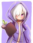  :d absurdres akebia_fruit bangs beige_dress collarbone commentary_request eyebrows_visible_through_hair grin hair_over_one_eye hand_on_hip highres holding holding_stick hood hood_up hoodie idaten93 long_sleeves looking_at_viewer open_mouth original personification purple_background purple_eyes purple_hoodie short_hair sleeves_past_fingers sleeves_past_wrists smile solo stick two-tone_background v-shaped_eyebrows white_background white_hair 