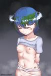  arms_behind_back bad_id bad_pixiv_id bandaged_arm bandages bangs blue_eyes blue_hair blush breasts cloud collarbone commentary continents earth-chan green_hair highres looking_down multicolored_hair navel nipples one_eye_closed original out-of-frame_censoring radiation_symbol rebwastaken recycling_symbol shirt_lift short_hair small_breasts solo star_(sky) stomach wince 