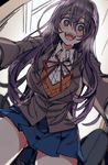  :d ass_visible_through_thighs bangs blue_skirt blush breasts buttons collared_shirt commentary cowboy_shot crazy_eyes crazy_smile doki_doki_literature_club eyebrows_visible_through_hair from_below hair_between_eyes highres large_breasts long_hair looking_at_viewer miniskirt neck_ribbon open_mouth pleated_skirt purple_eyes purple_hair red_ribbon ribbon school_uniform shirt sidelocks skirt smile solo_focus straddling sweat thighs vicduk white_shirt yandere yuri_(doki_doki_literature_club) 