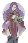  black_gloves black_legwear book breasts capelet circlet cleavage dress earrings eyelashes fire_emblem fire_emblem_echoes:_mou_hitori_no_eiyuuou fire_emblem_gaiden gloves hair_over_one_eye holding holding_book iktk jewelry lace lace-trimmed_thighhighs large_breasts lips long_hair purple_eyes purple_hair red_dress seductive_smile side_slit simple_background smile solo sonia_(fire_emblem_gaiden) star_(sky) thighhighs thighs turtleneck white_background 