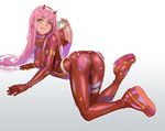  :q all_fours alphonse_(white_datura) aqua_eyes arched_back ass bangs blush bodysuit breasts commentary darling_in_the_franxx eyelashes from_behind full_body gradient gradient_background hairband highres horns legs_together long_hair looking_at_viewer looking_back medium_breasts pilot_suit pink_hair red_bodysuit shiny shiny_clothes shiny_hair skin_tight smile solo tongue tongue_out twisted_torso white_background white_hairband zero_two_(darling_in_the_franxx) 