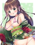  :d areola_slip areolae bangs bare_shoulders between_breasts bikini blunt_bangs blush breasts brown_hair cleavage commentary_request cowboy_shot dutch_angle eyebrows_visible_through_hair floral_print gochuumon_wa_usagi_desu_ka? green_eyes green_kimono groin hair_ribbon highres japanese_clothes kimono kurou_(quadruple_zero) large_breasts long_hair looking_at_viewer micro_bikini obi off_shoulder omikuji open_clothes open_kimono open_mouth pink_bikini pink_ribbon print_kimono print_obi ribbon sash side-tie_bikini smile solo standing swimsuit two-tone_background ujimatsu_chiya wide_sleeves 