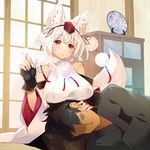  1girl animal_ears bare_shoulders black_hair breasts eyebrows_visible_through_hair faceless faceless_male fingerless_gloves gloves hat inubashiri_momiji japanese_clothes lap_pillow large_breasts long_sleeves mimikaki plate pom_pom_(clothes) red_eyes short_hair smile tail tokin_hat touhou transpot_nonoko white_hair wolf_ears wolf_girl wolf_tail 
