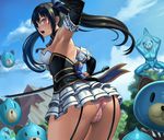  absurdres arm_up armpits ass black_hair blurry blush breasts cameltoe choujigen_game_neptune cowboy_shot day depth_of_field detached_sleeves dogoo dogoo_man garter_straps gumroad_reward highres huge_filesize lasterk medium_breasts neptune_(series) noire open_mouth outdoors outstretched_arms paid_reward panties penis pink_panties profile purple_eyes solo_focus sword twintails underbust underwear weapon 