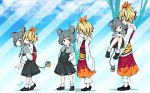  2girls :&lt; age_progression animal animal_ears animal_print basket black_footwear black_hair black_skirt blonde_hair blue_background carrying crossed_arms eyes_closed fang_out from_side grey_capelet grey_hair hair_ornament hands_on_hips jakomurashi jewelry long_sleeves mouse mouse_ears mouse_tail multicolored multicolored_clothes multicolored_hair multicolored_skirt multiple_girls nazrin orange_skirt pants pendant piggyback princess_carry red_eyes red_skirt revision shoes short_hair size_difference skirt skirt_set smile standing streaked_hair tail tiger_print toramaru_shou touhou tree white_legwear white_pants wide_sleeves yellow_eyes younger 