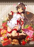  animal_ears apron bangs bare_shoulders barefoot blurry blurry_background box brown_hair cat_ears chocolate cupcake eyebrows_visible_through_hair food fruit full_body gift gift_box hand_up heart heart-shaped_box highres kneehighs long_hair looking_at_viewer naked_apron original red_ribbon revision ribbon smile solo strawberry valentine yanagi_yuu yellow_eyes 
