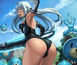  absurdres aqua_eyes arm_up armpits ass bare_shoulders black_heart blurry blush breasts cameltoe choujigen_game_neptune cowboy_shot day depth_of_field dogoo dogoo_man elbow_gloves gloves gumroad_reward highres huge_filesize lasterk leotard long_hair medium_breasts neptune_(series) open_mouth outdoors outstretched_arms paid_reward penis profile solo_focus sword turtleneck weapon white_hair 